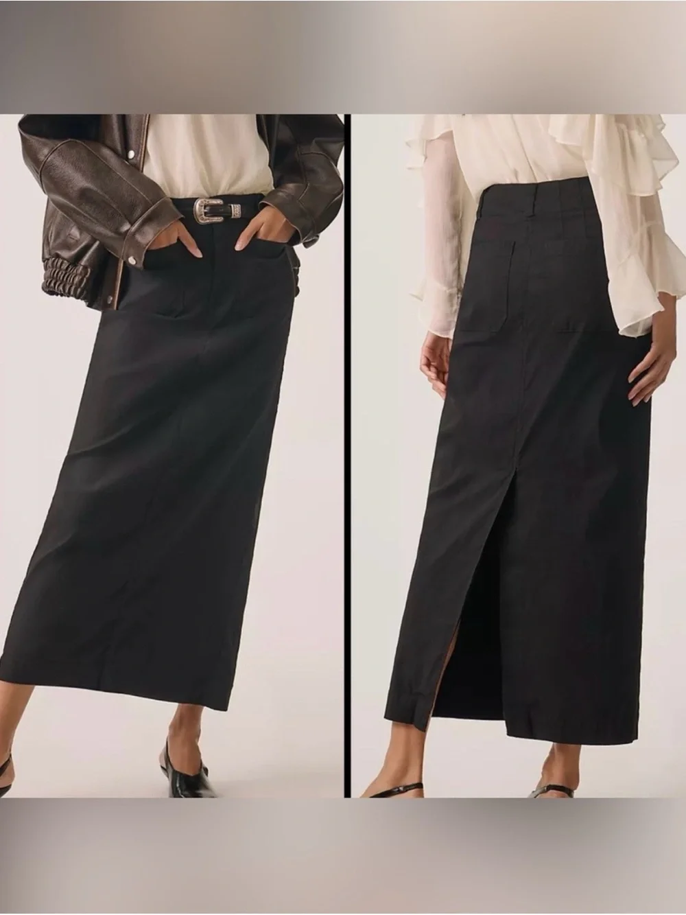 MAEVE Anthropologie Colette Maxi Skirt Black Career Linen Blend Patch Pockets XL